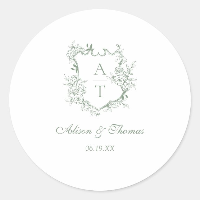 Sticker Rond Sage Vert Monogramme Crest Mariage Enveloppe Sceau (Devant)