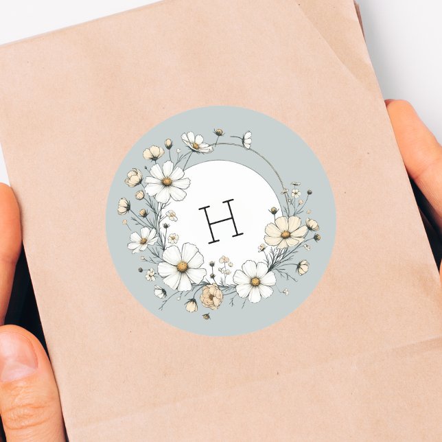 Sticker Rond Sage Vert Monogramme Fleurs Boho Personnalisées (Créateur téléchargé)