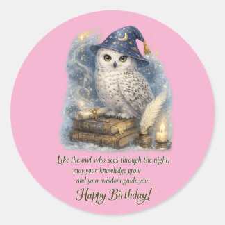 Sticker Rond Sagesse & Connaissance Hibou de neige Joyeux Anniv