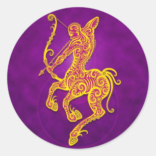 Sticker Rond Sagittaire tribale violet et jaune complexe