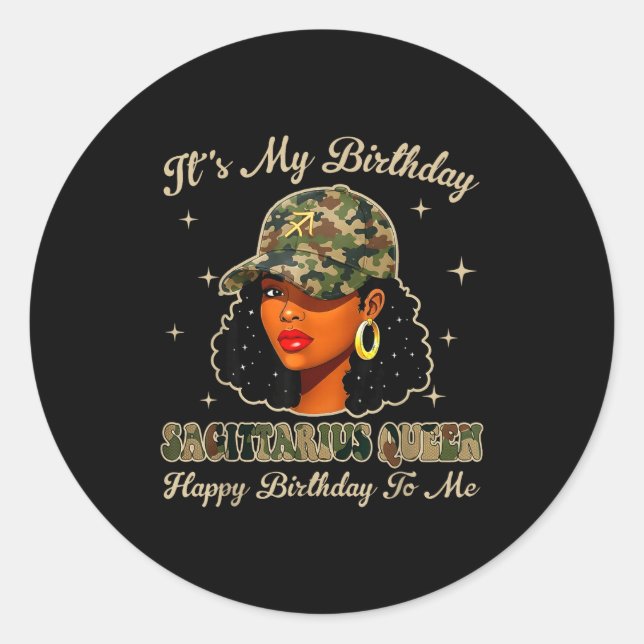 Sticker Rond Sagittarius Queen Black Woman With Cap Camo Afro G (Devant)