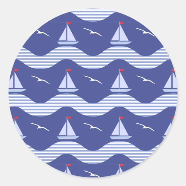 Sticker Rond Sailboats On Striped Sea Pattern (Devant)