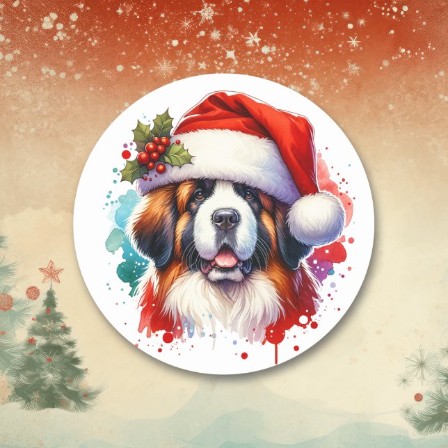 Sticker Rond Saint Bernard à Noël à Santa Hat (Créateur téléchargé)