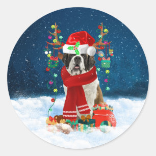 Sticker Rond Saint Bernard chien avec cadeaux de Noël