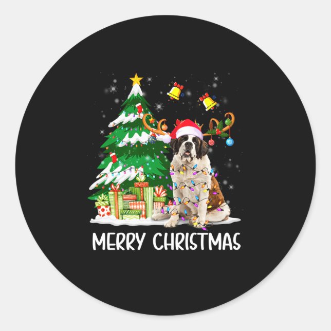 Sticker Rond Saint Bernard Christmas Lights Tree Santa Xmas Paj (Devant)