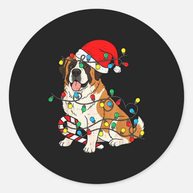Sticker Rond Saint Bernard Dog Christmas Lights Santa Xmas Pet  (Devant)