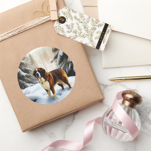 Sticker Rond Saint Bernard Laisser Neige Noël (Cadeaux)