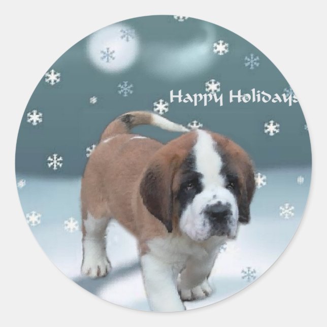 Sticker Rond Saint Bernard Puppy Cadeaux de Noël (Devant)
