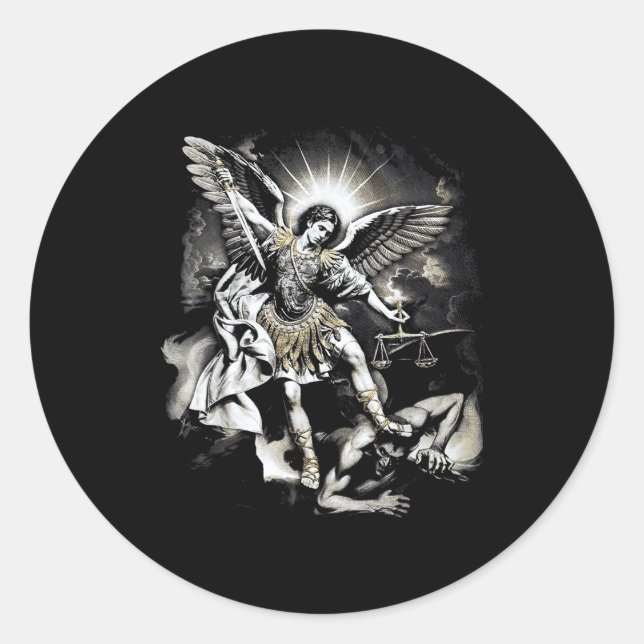 Sticker Rond Saint Michael Defeating Satan Archangel Warrior  (Devant)