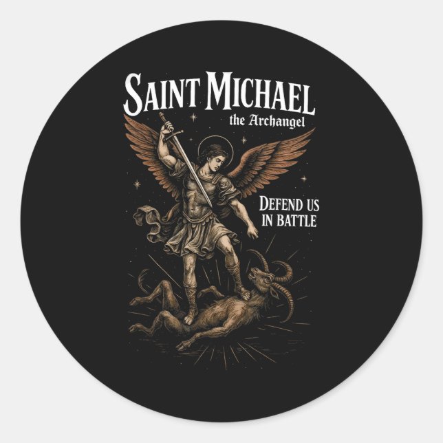 Sticker Rond Saint Michael Defend Us In Battle Archangel Christ (Devant)