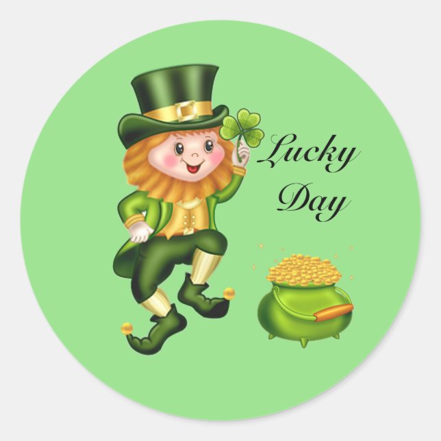 Sticker Rond Saint-Patrick chanceux lutin sur fond vert citron (Devant)