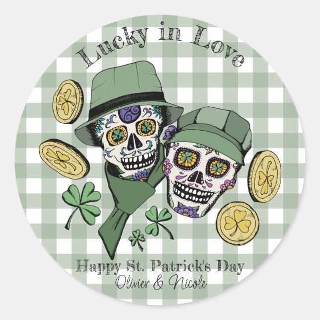 Sticker Rond Saint Patrick Personnalisé Nom Crâne Vert Chanceux (Devant)