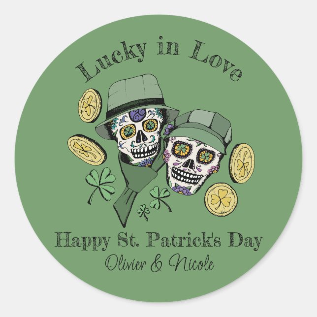Sticker Rond Saint Patrick Personnalisé Nom Vert Crâne Chanceux (Devant)