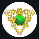 STICKER ROND SAINT PATRICK'S CELTIC HEART<br><div class="desc">Elegant ,  unique celtic heart jewel with an emerald gem stone and shamrock inset  for St.Paddy's Day (, St. Patty ). Very accurated nurbs modeling and rendering by Bulgan Lumini (c).Part from series Hyper Talismans.</div>