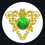 STICKER ROND SAINT PATRICK'S CELTIC HEART<br><div class="desc">Elegant ,  unique celtic heart jewel with an emerald gem stone and shamrock inset  for St.Paddy's Day (, St. Patty ). Very accurated nurbs modeling and rendering by Bulgan Lumini (c).Part from series Hyper Talismans.</div>