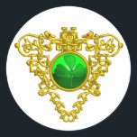 STICKER ROND SAINT PATRICK'S CELTIC HEART<br><div class="desc">Elegant ,  unique celtic heart jewel with an emerald gem stone and shamrock inset  for St.Paddy's Day (, St. Patty ). Very accurated nurbs modeling and rendering by Bulgan Lumini (c).Part from series Hyper Talismans.</div>