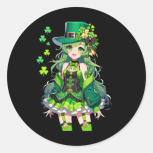 Sticker Rond Saint Patrick's Day Anime Girl Kawaii Leprechaun G