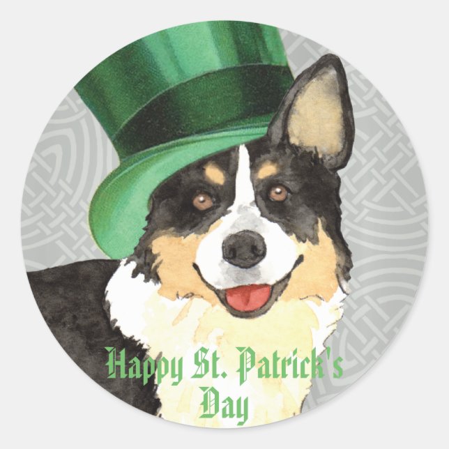 Sticker Rond Saint Patrick's Day Cardigan Welsh Corgi (Devant)