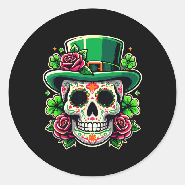 Sticker Rond Saint Patricks Day Sugar Skull La Catrina St Peddy (Devant)