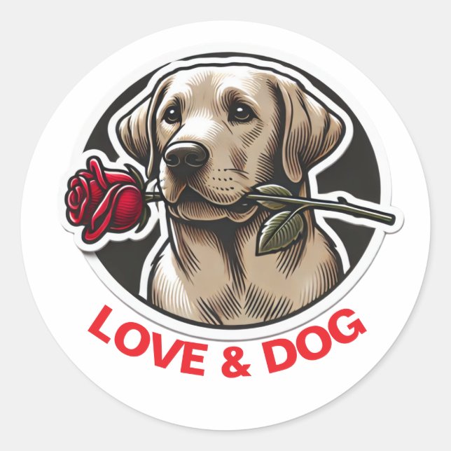 Sticker Rond Saint Valentin AMOUR & DOG personnalisé mignon (Devant)