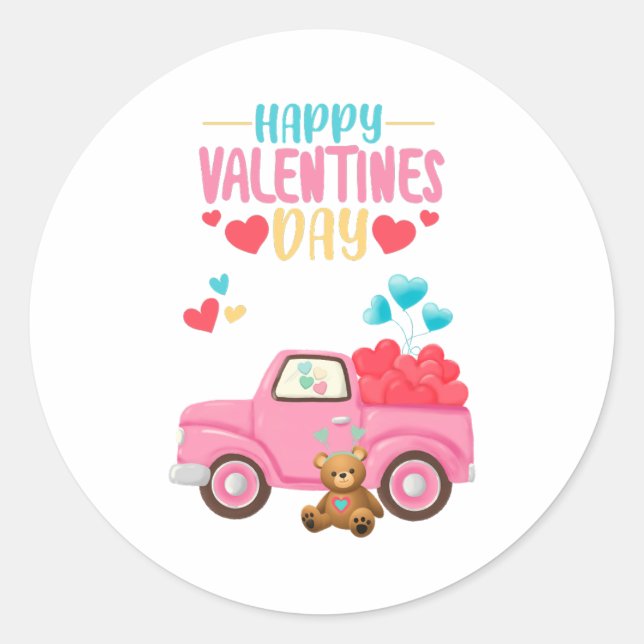 Sticker Rond Saint Valentin Coeurs mignons Camion rose Teddy Be (Devant)