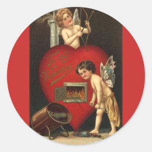 Sticker Rond Saint-Valentin Cupidon Vintage, Anges Amour Brûlan