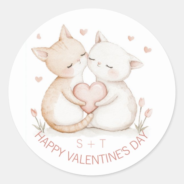 Sticker Rond Saint-Valentin Cute Chat Couple Initiales sur mesu (Devant)