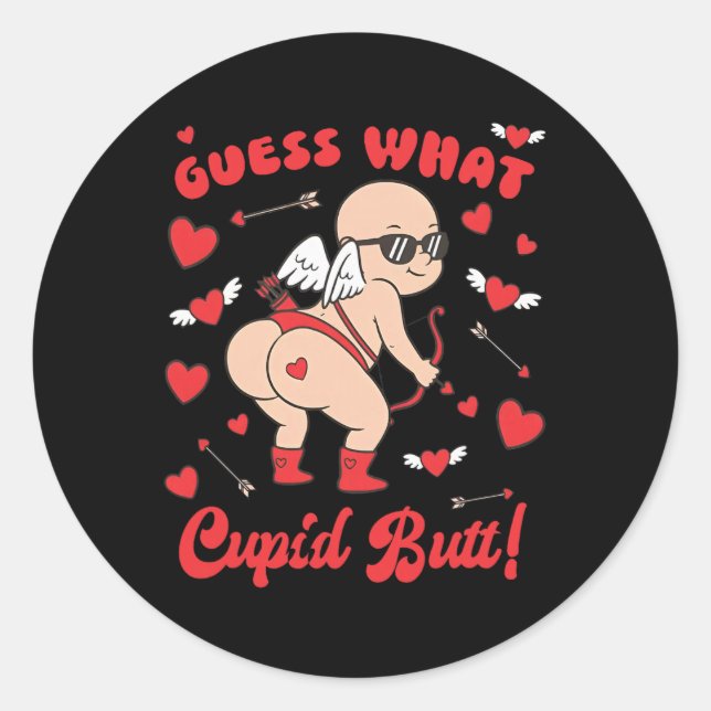 Sticker Rond Saint Valentin drôle, devine quoi Cul de Cupidon  (Devant)