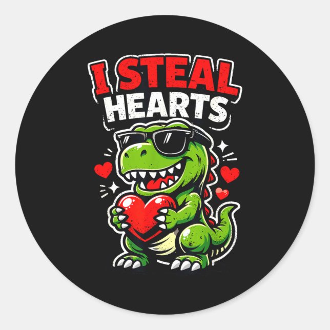 Sticker Rond Saint-Valentin Je vole des cœurs T-rex  (Devant)