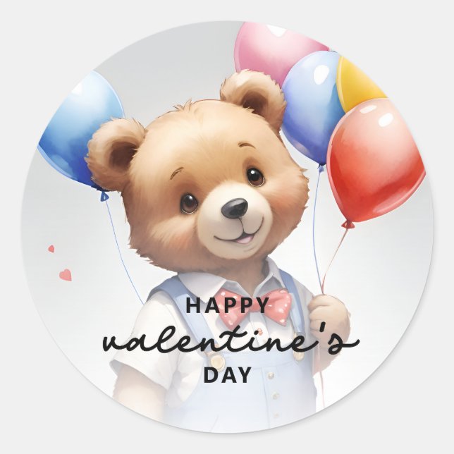 Sticker Rond Saint-Valentin Mignonne Ours Aquarelle Avec Balloo (Devant)