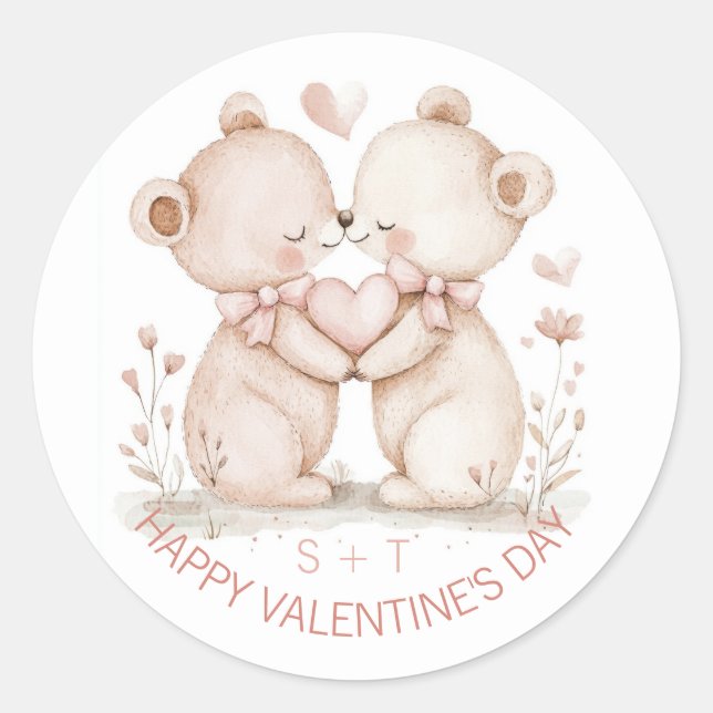Sticker Rond Saint Valentin Ours Couple Initiales sur mesure (Devant)