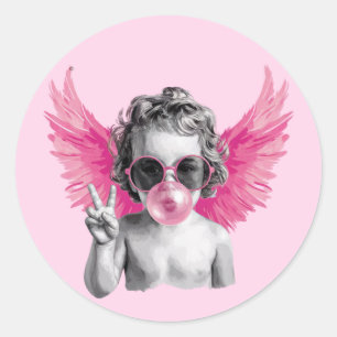 Sticker Rond Saint-Valentin soufflant un Cupidon à bulles de la