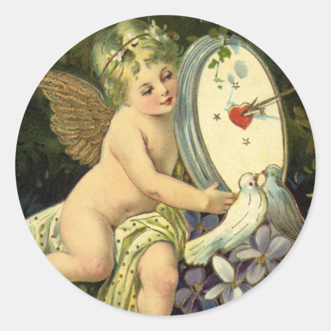 Sticker Rond Saint-Valentin victorien, oiseaux de l'amour d'ang (Devant)