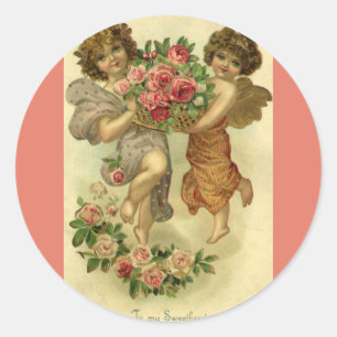 Sticker Rond Saint-Valentin victorien vintage, Anges Roses