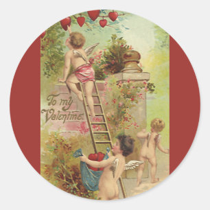 Sticker Rond Saint-Valentin vintage, Adorables chérubins grimpe