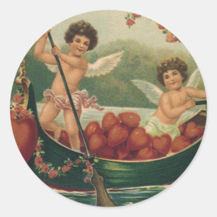 Sticker Rond Saint Valentin vintage, Cherubs victoriens en bate