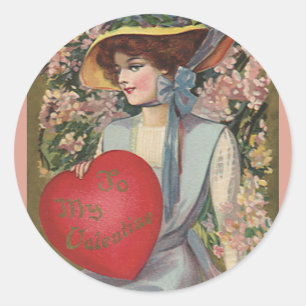 Sticker Rond Saint-Valentin vintage, Élégante Dame avec Cœur