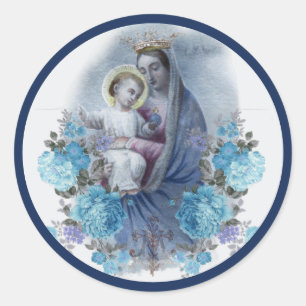 Sticker Rond Sainte Vierge Marie Jésus Catholique Bleu Floral
