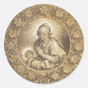 Sticker Rond Sainte Vierge Marie Jésus Vintage Noël