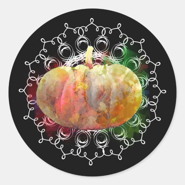 Sticker Rond Saison d'automne de Mandala Citrouille Watercolor  (Devant)