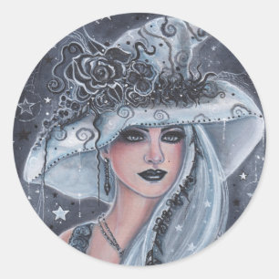 Sticker Rond Saison de la sorcière aux hiboux par Renee Lavoie