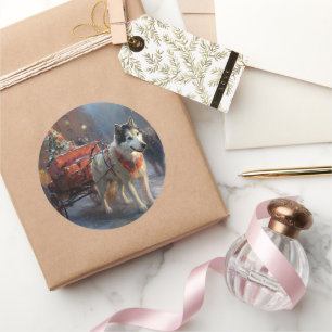 Sticker Rond Saison de Noël du Malamute de l'Alaska