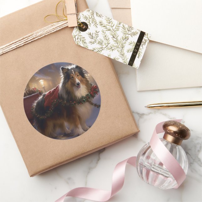 Sticker Rond Saison de Noël du Shetland Sheepdog (Cadeaux)