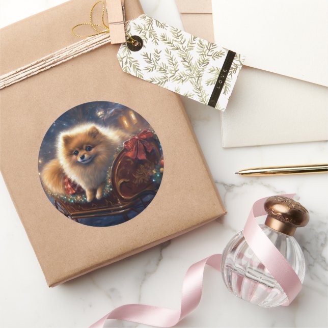 Sticker Rond Saison de Noël Poméranienne brossé (Cadeaux)
