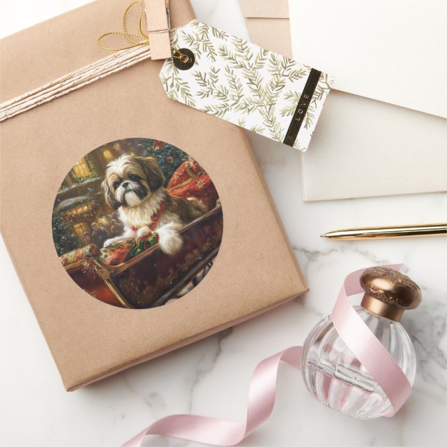 Sticker Rond Saison de Noël Shih Tzu (Cadeaux)