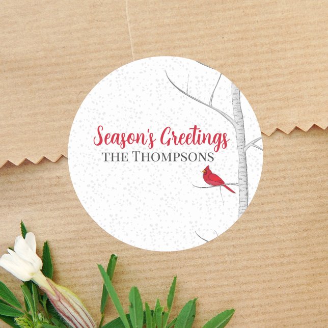 Sticker Rond Saison de vacances Salutation Red Cardinal Birch T (Season's Greeting simple red cardinal holiday sticker with a simple white speckles background. )