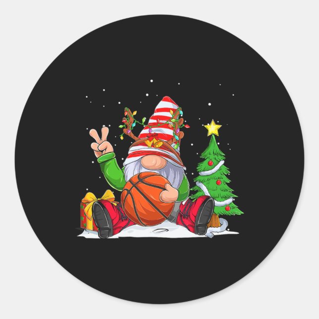 Sticker Rond Saison D'Hiver Basketball Gnome Noël Pour Les Garç (Devant)