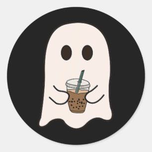 Sticker Rond Saison éffrayante Cute Little Ghost Ice Coffee Hal