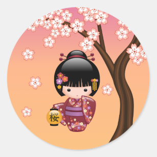 Sticker Rond Sakura Kokeshi poupée Geisha Girl sur la pêche