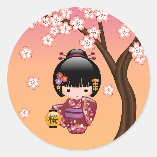 Sticker Rond Sakura Kokeshi poupée Geisha Girl sur la pêche (Devant)